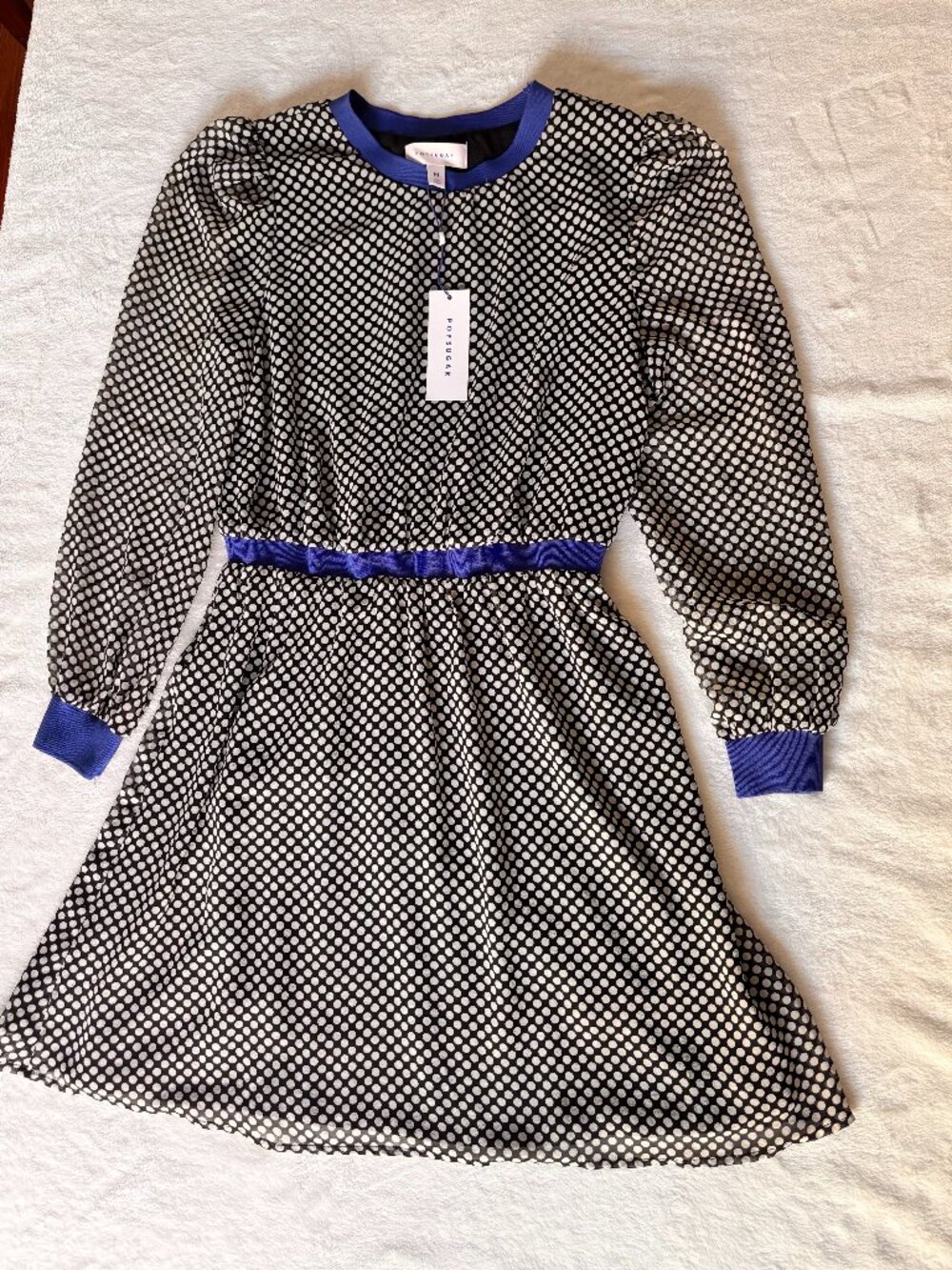 NEW POPSUGAR Polka Dot Fit & Flare Dress | Women's Medium | NWT | Blue Trim
